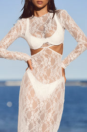 This is an image of Audrey Lace Dress in White Lace - RESA featuring a model wearing the dress
