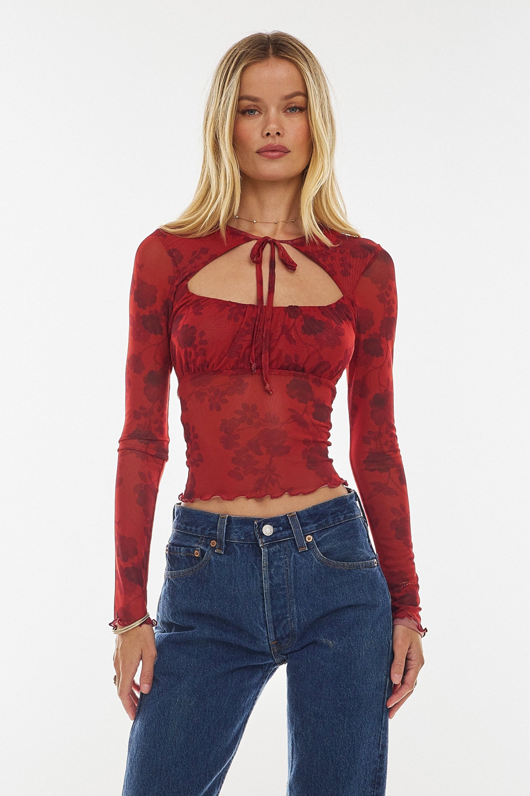 This is an image of Cassie Top in Red Currant - RESA featuring a model wearing the dress