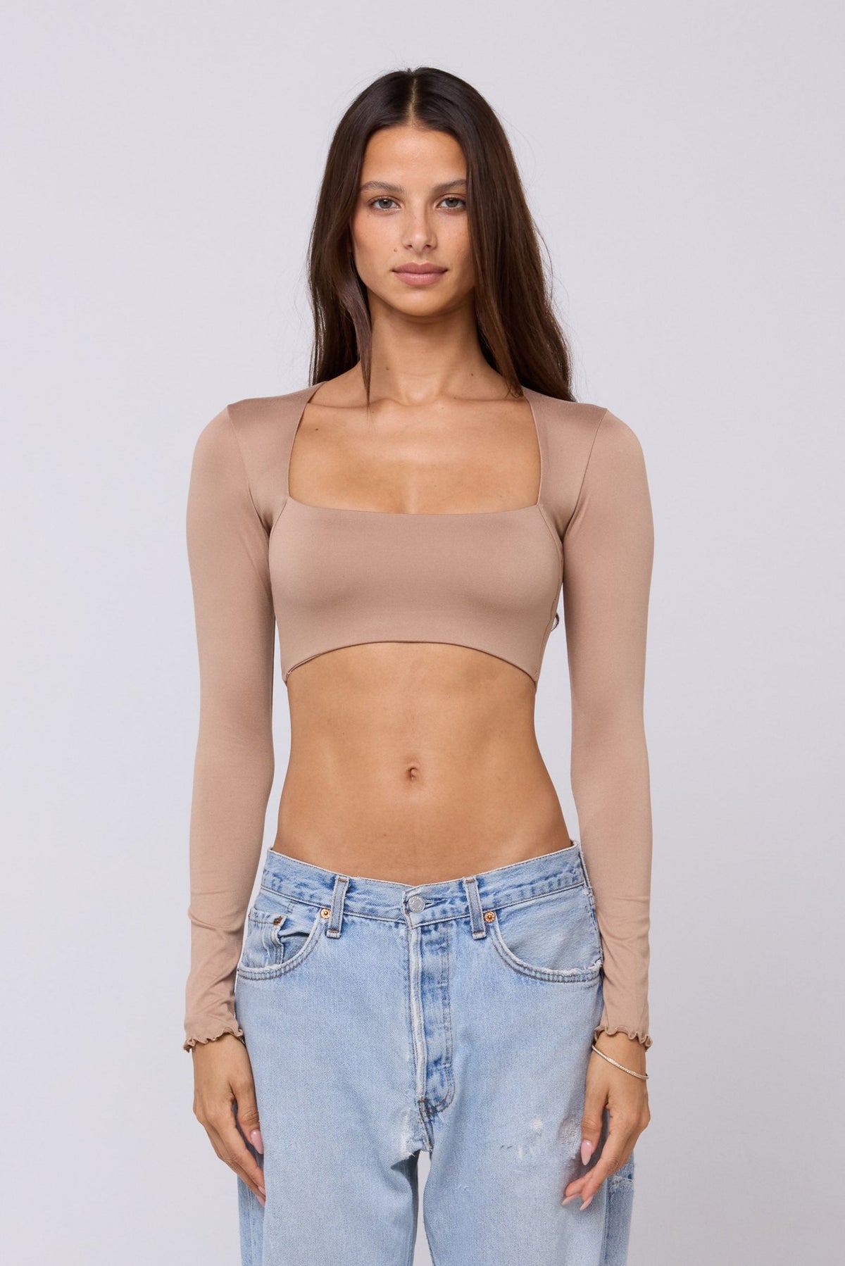 This is an image of Emily Top in Nude - RESA featuring a model wearing the dress