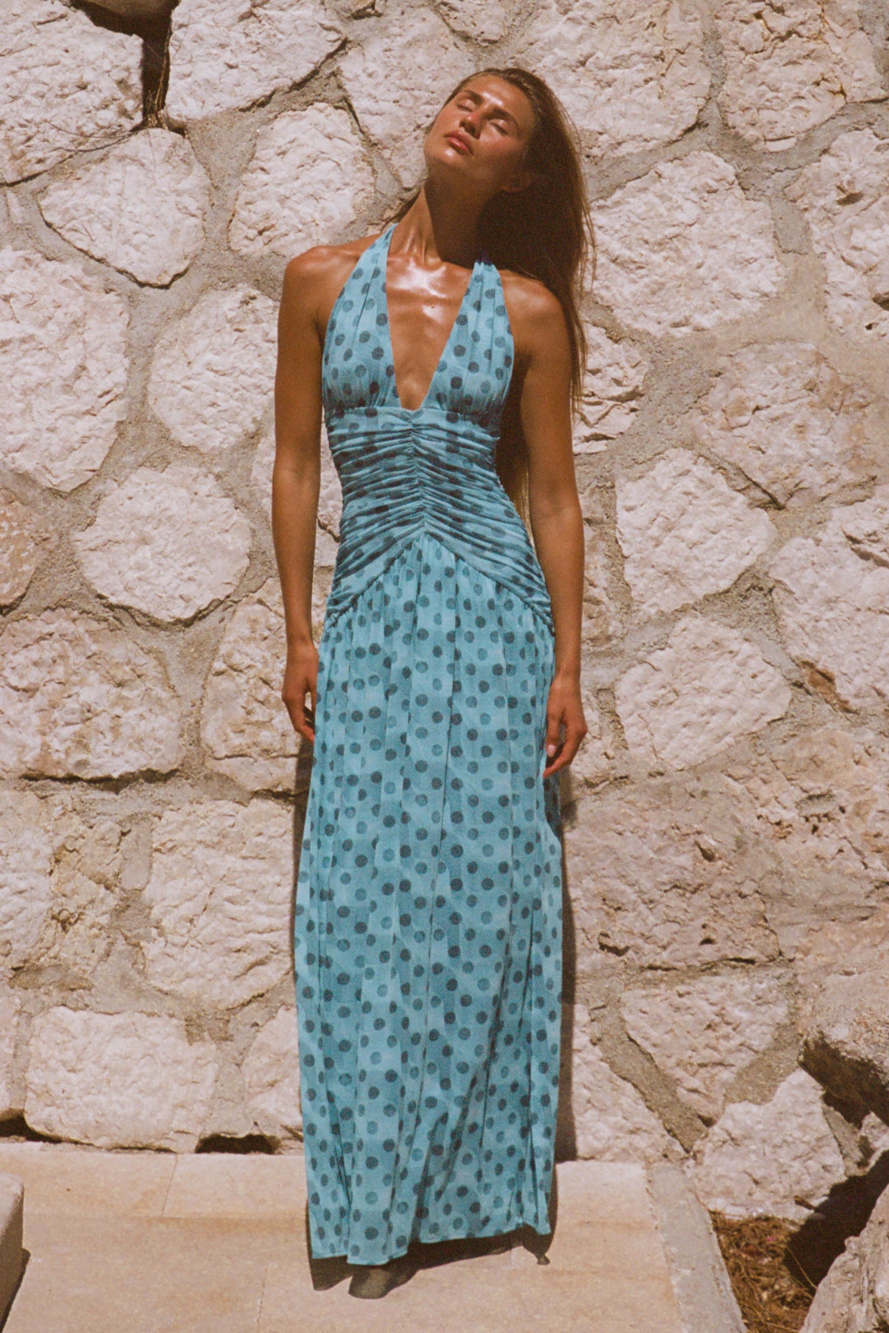 This is an image of Grace Maxi in Aquamarine - RESA featuring a model wearing the dress