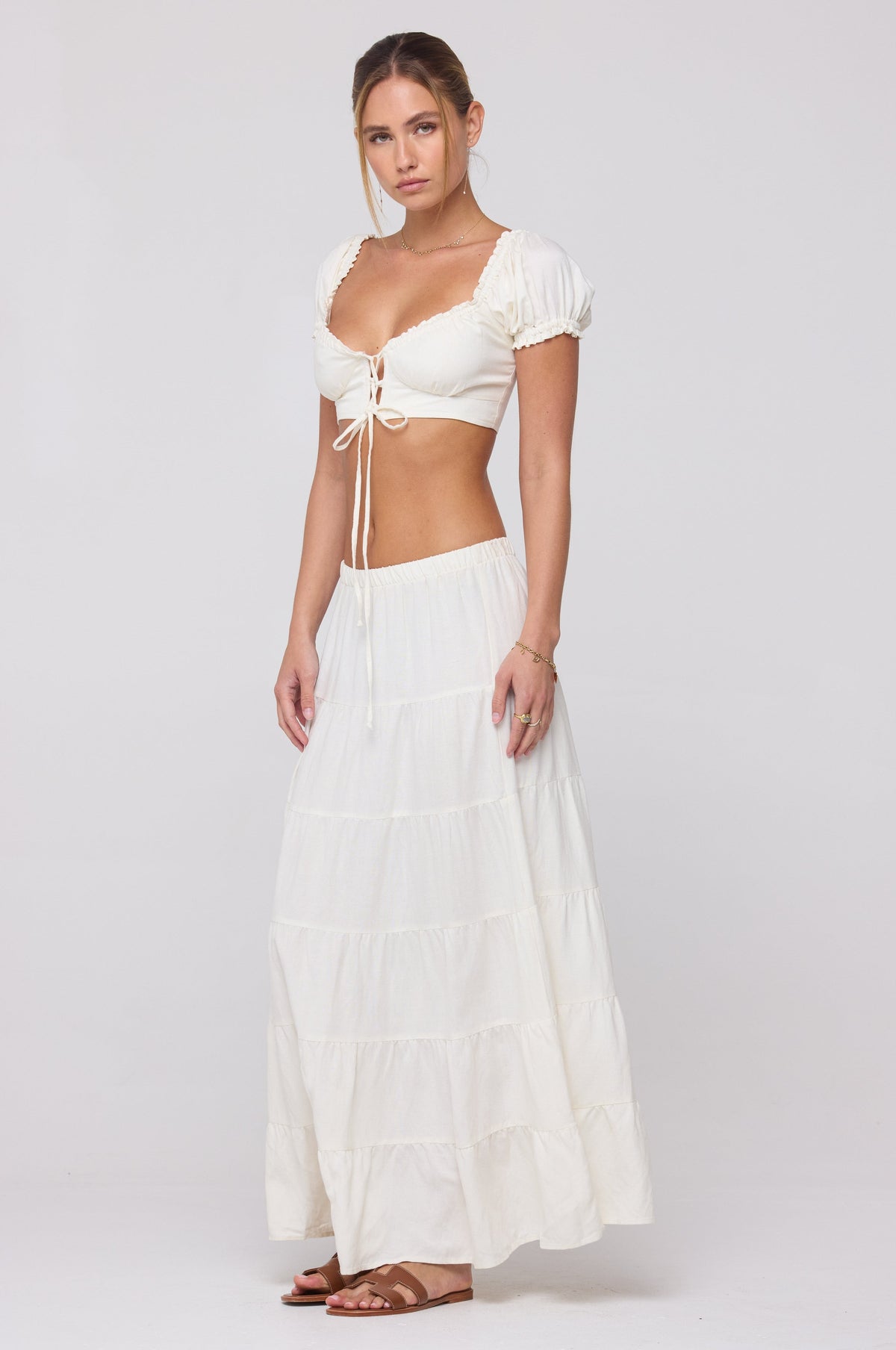 This is an image of Jess Top in White Linen - RESA featuring a model wearing the dress