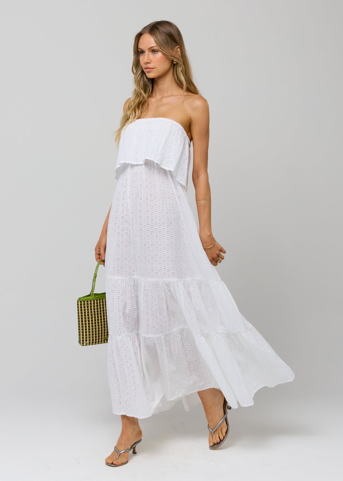 This is an image of Joni Dress in White Eyelet - RESA featuring a model wearing the dress