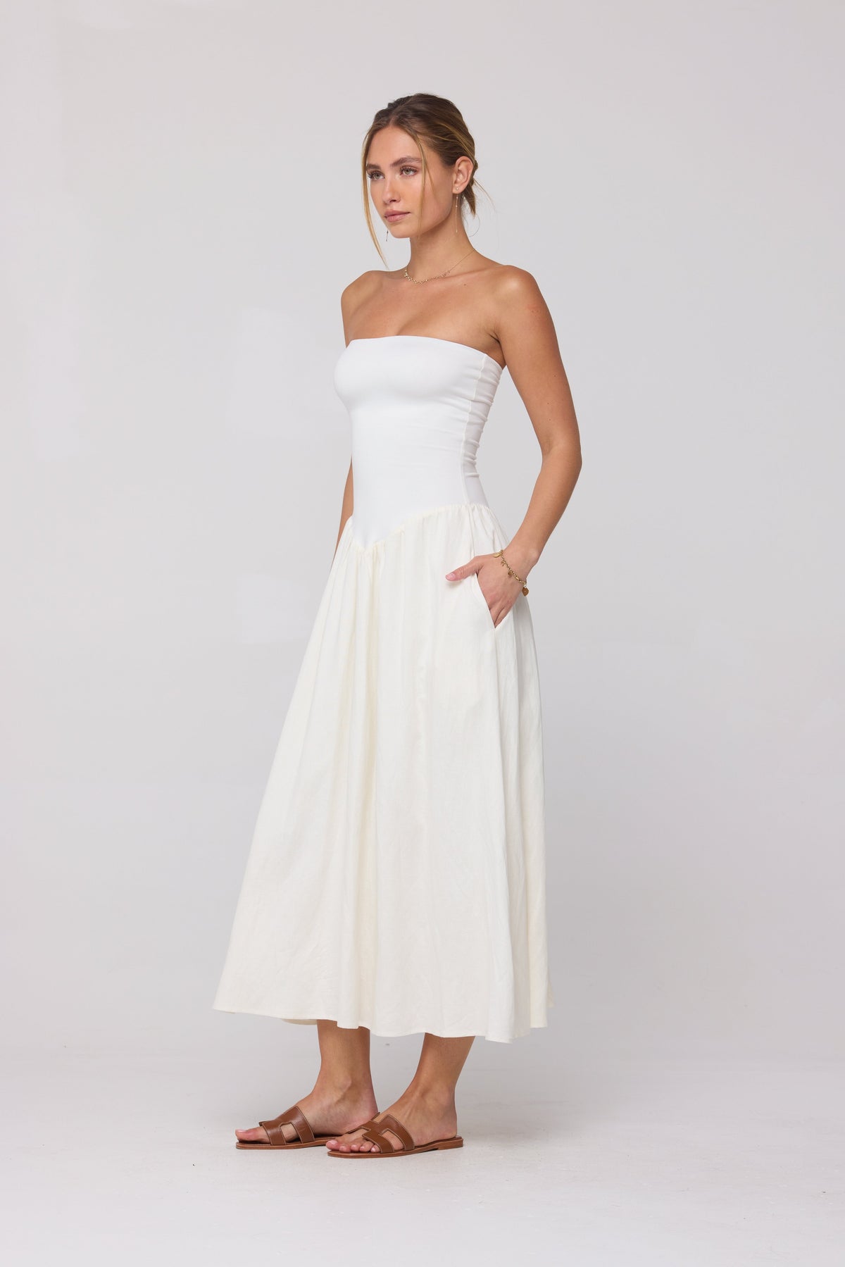 This is an image of Mackenzie Dress in White Linen - RESA featuring a model wearing the dress