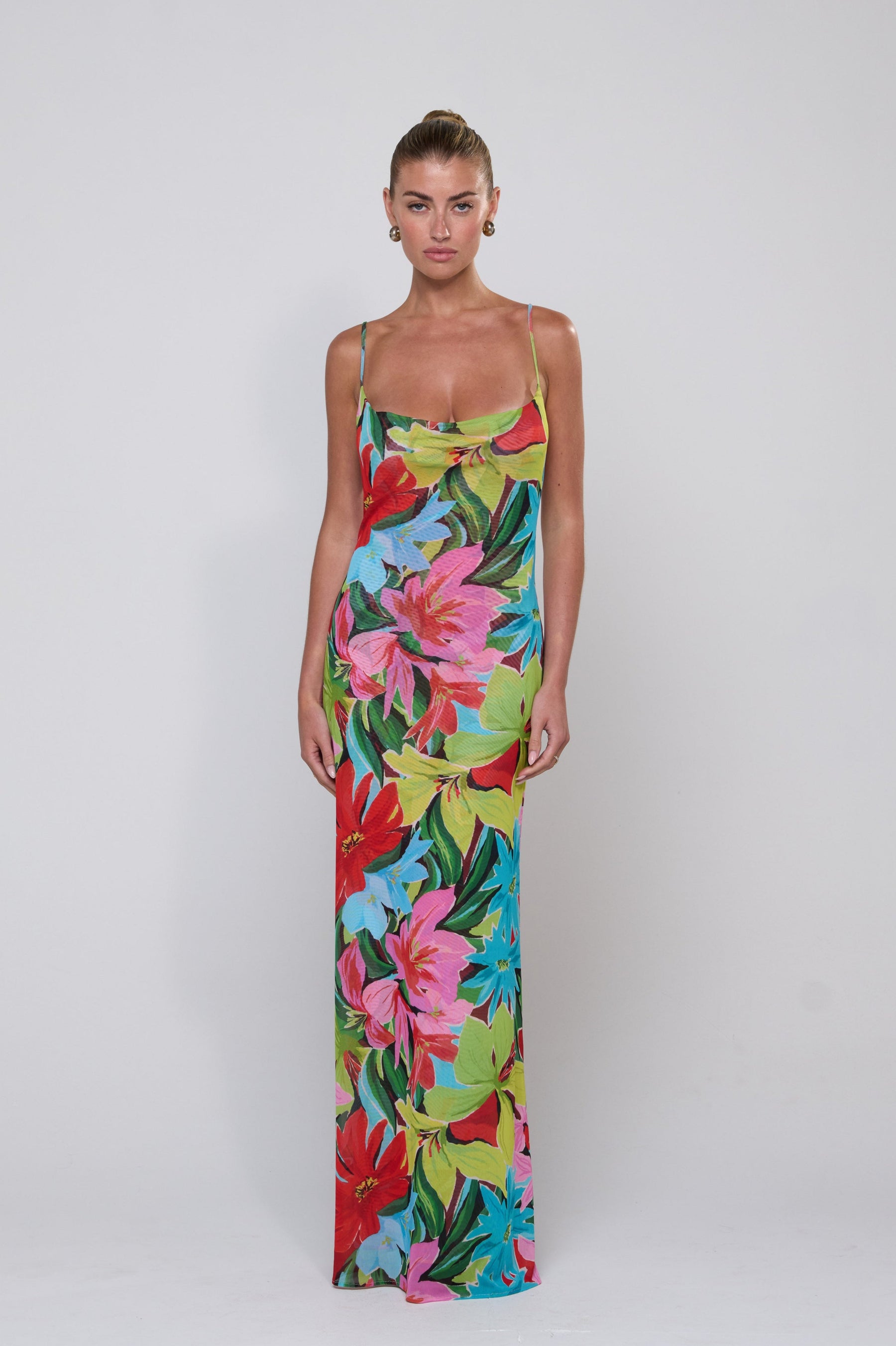 This is an image of Margot Mesh Maxi in Tropicana - RESA featuring a model wearing the dress