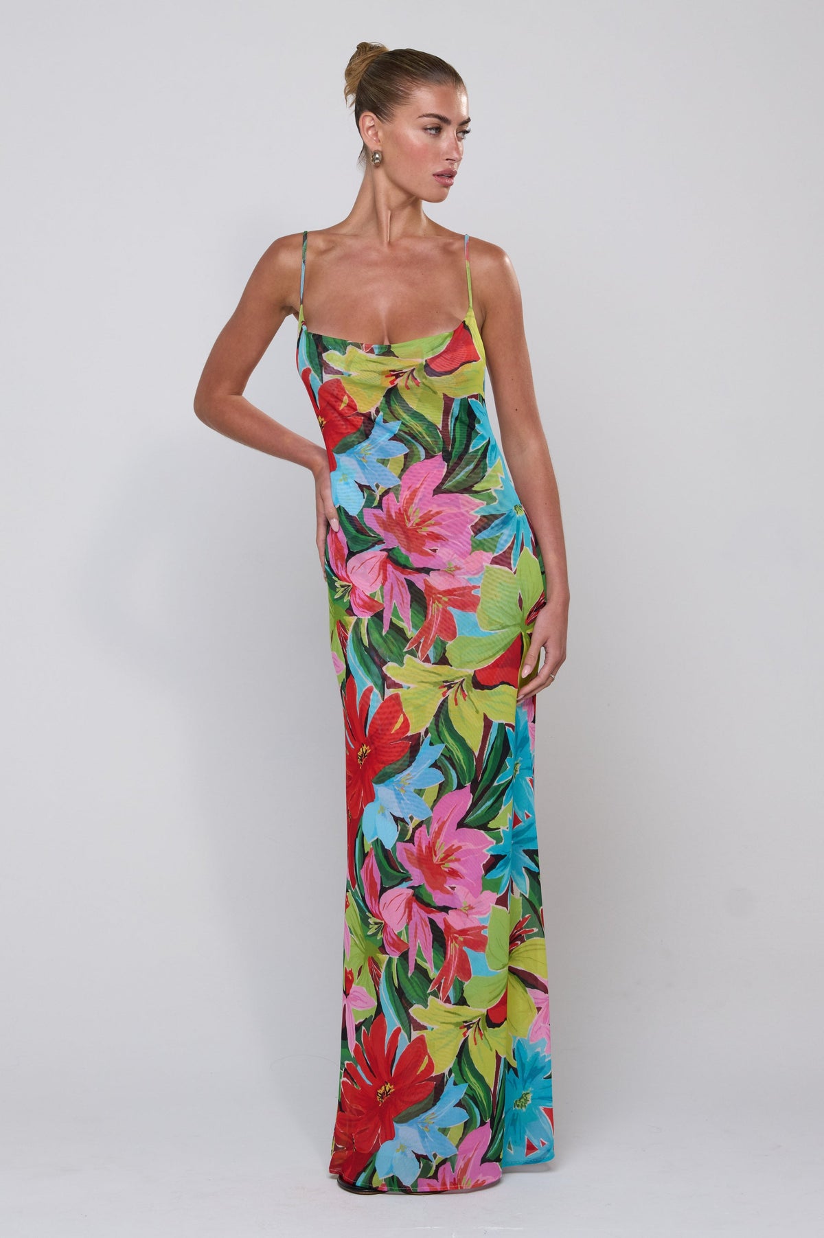 This is an image of Margot Mesh Maxi in Tropicana - RESA featuring a model wearing the dress