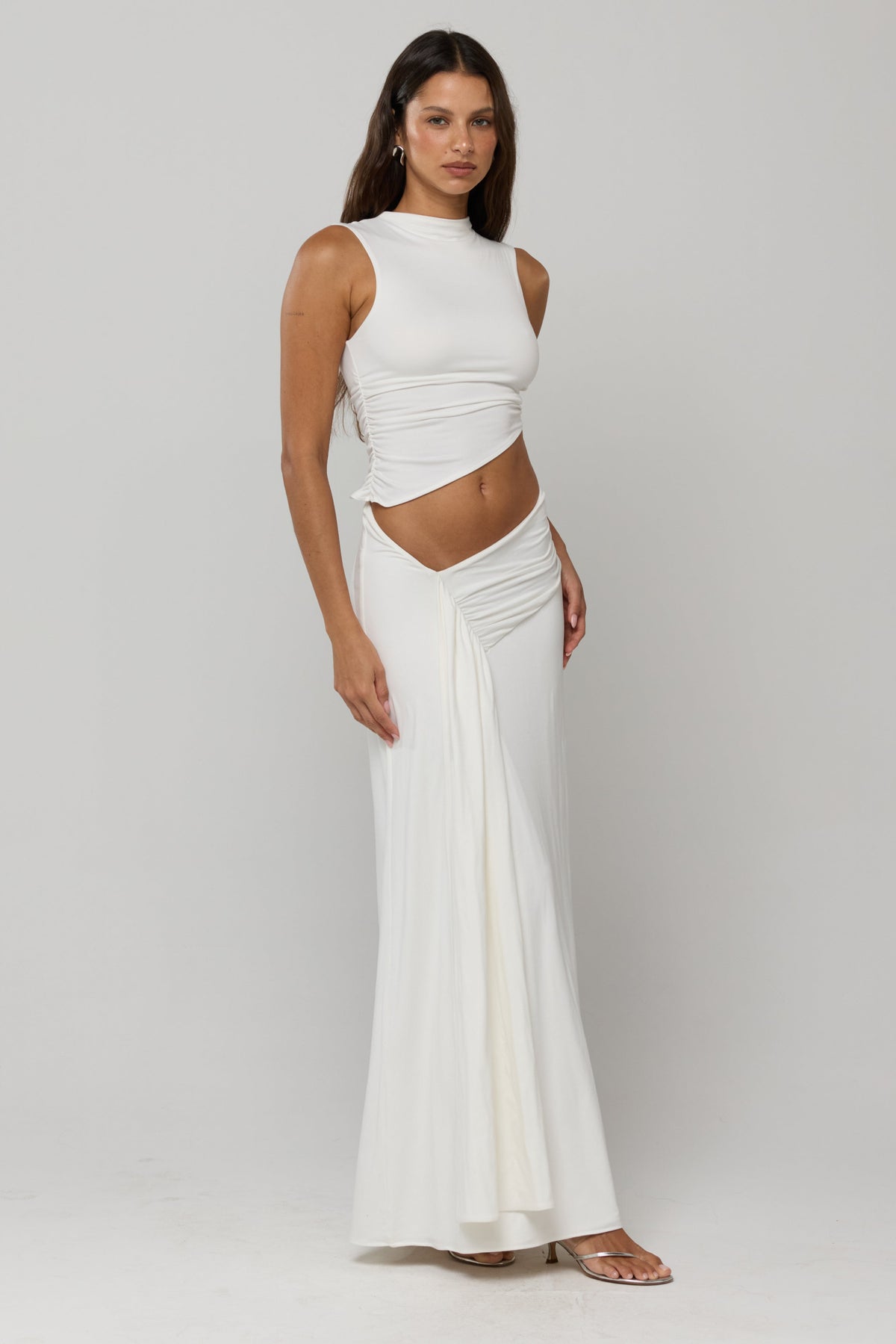 This is an image of Minka Top in White Knit - RESA featuring a model wearing the dress