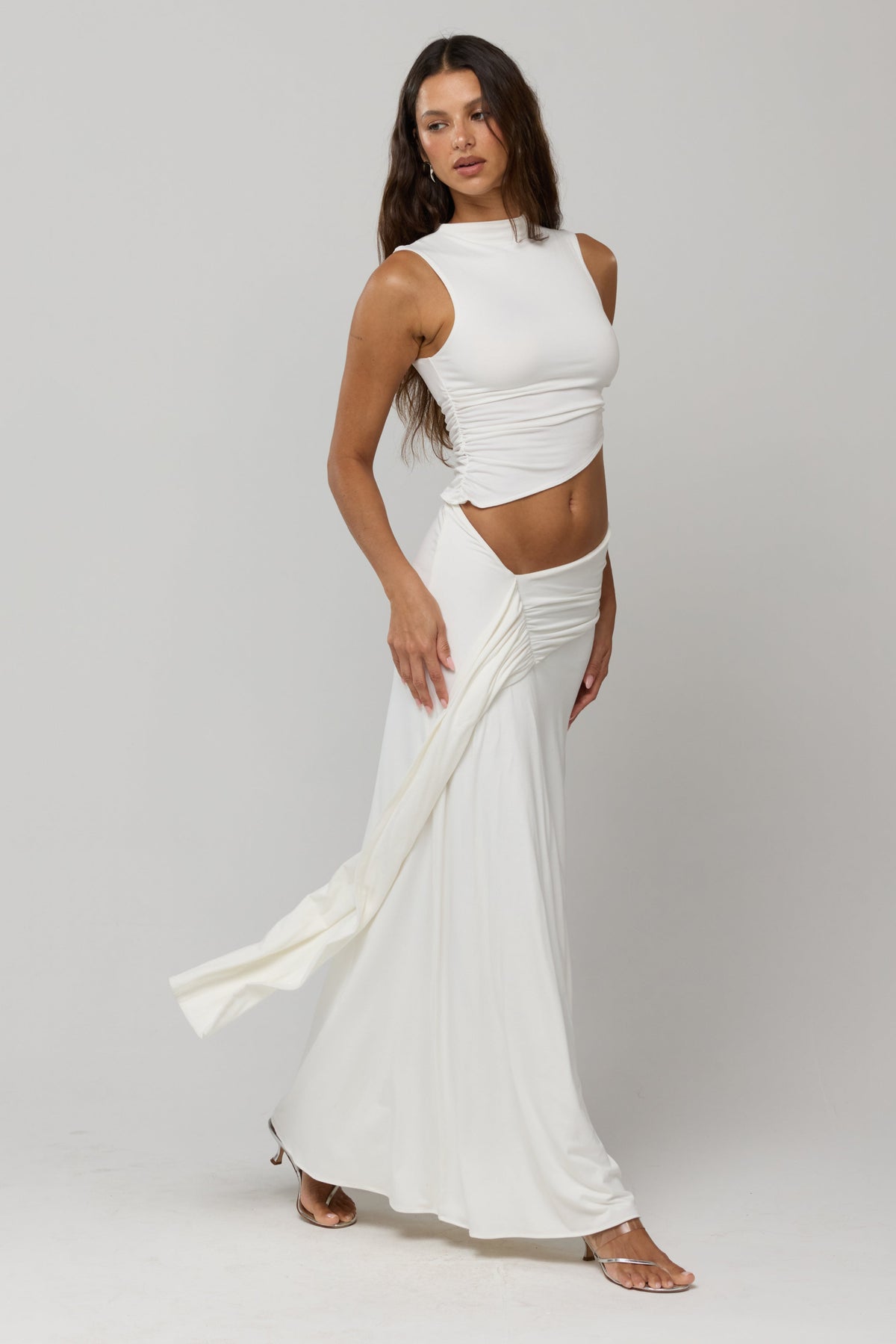 This is an image of Minka Top in White Knit - RESA featuring a model wearing the dress
