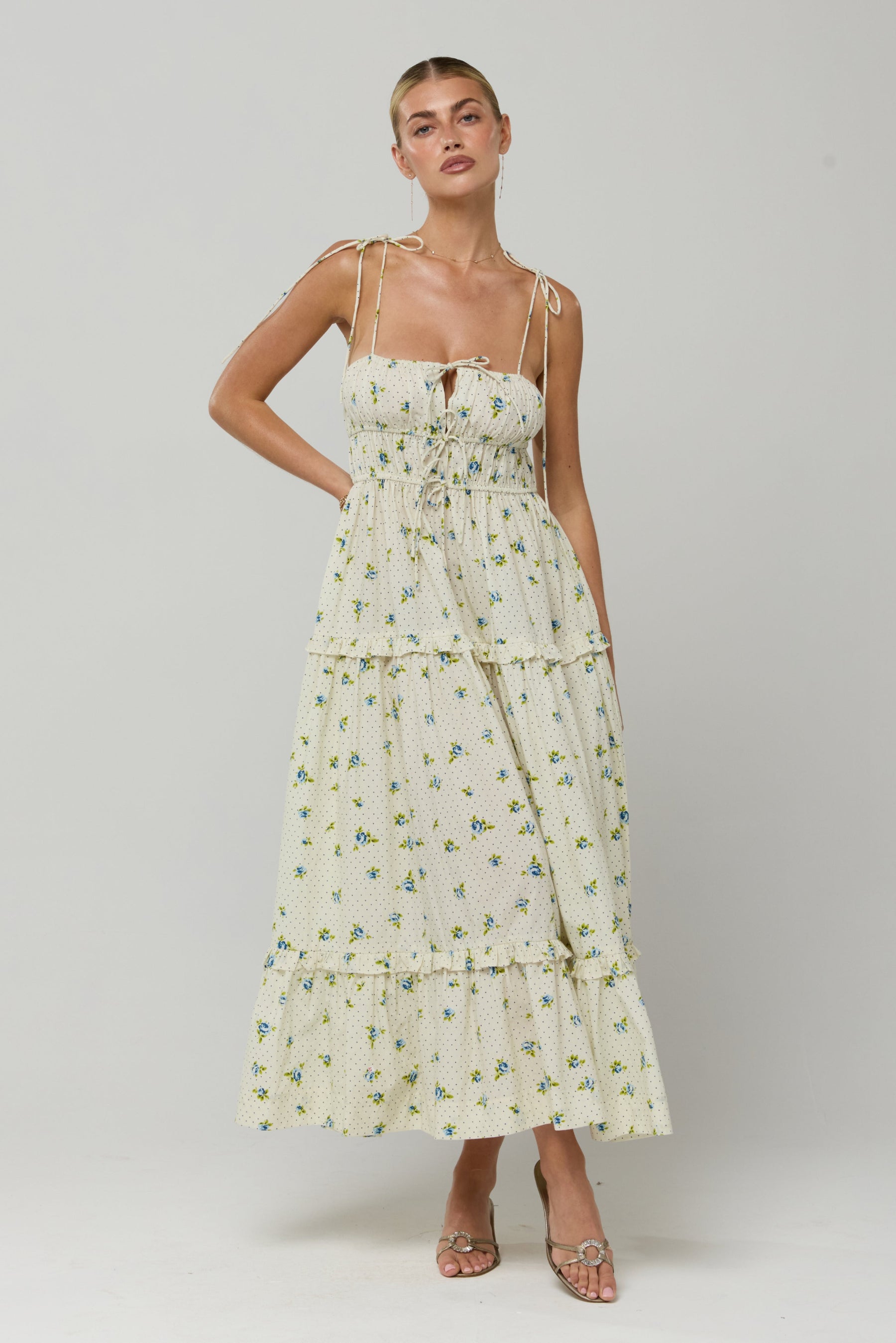 This is an image of Olivia Dress in Cotton Bluebell - RESA featuring a model wearing the dress