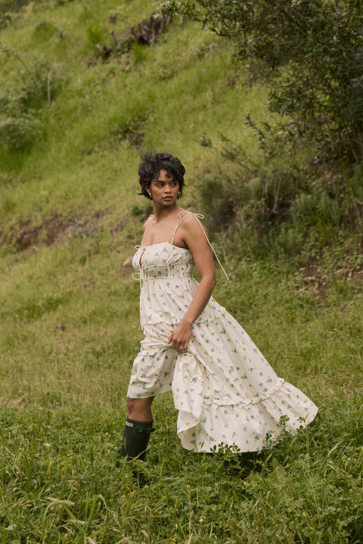 This is an image of Olivia Dress in Cotton Bluebell - RESA featuring a model wearing the dress