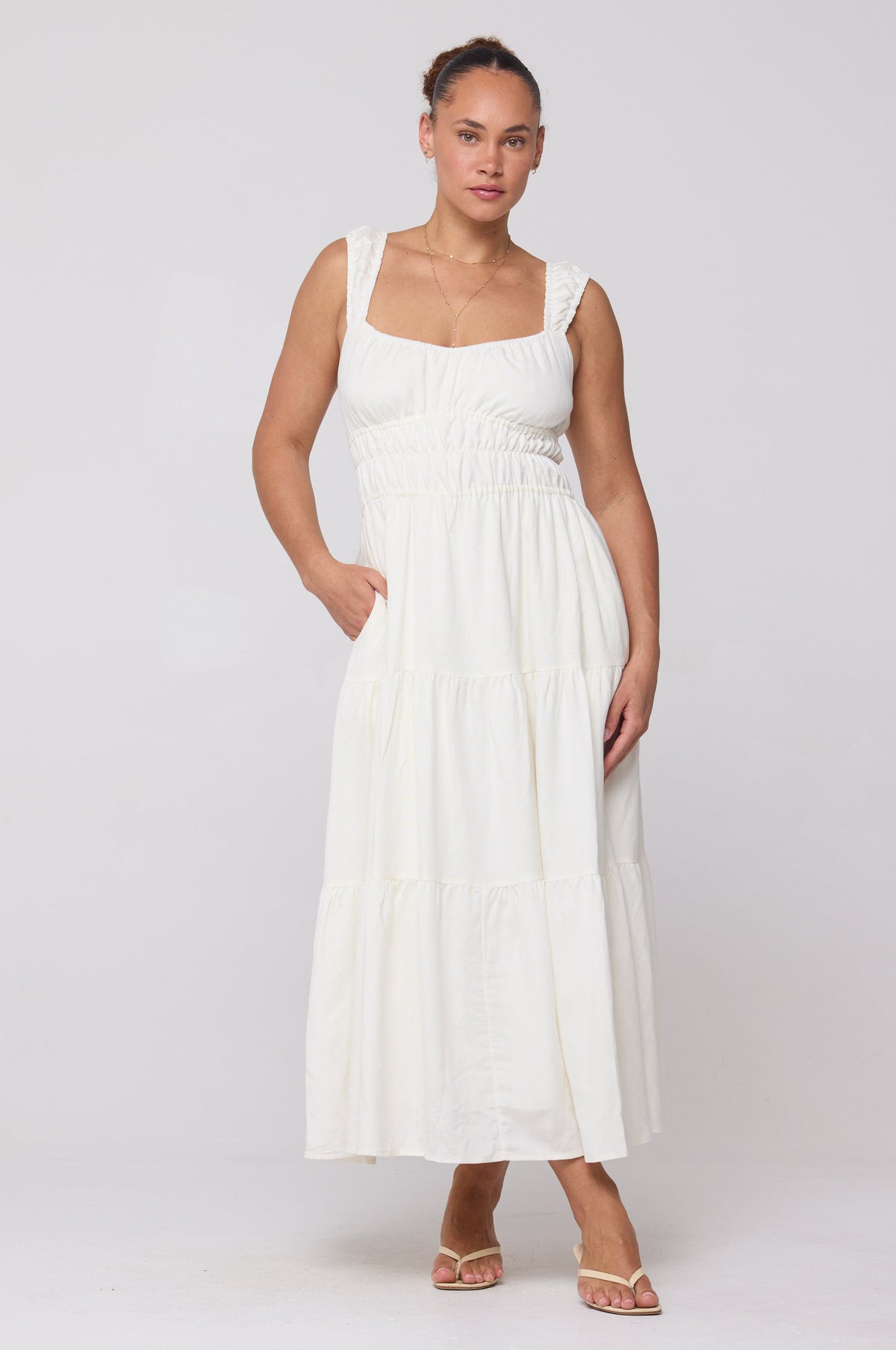 This is an image of Tori Dress in White Linen - RESA featuring a model wearing the dress