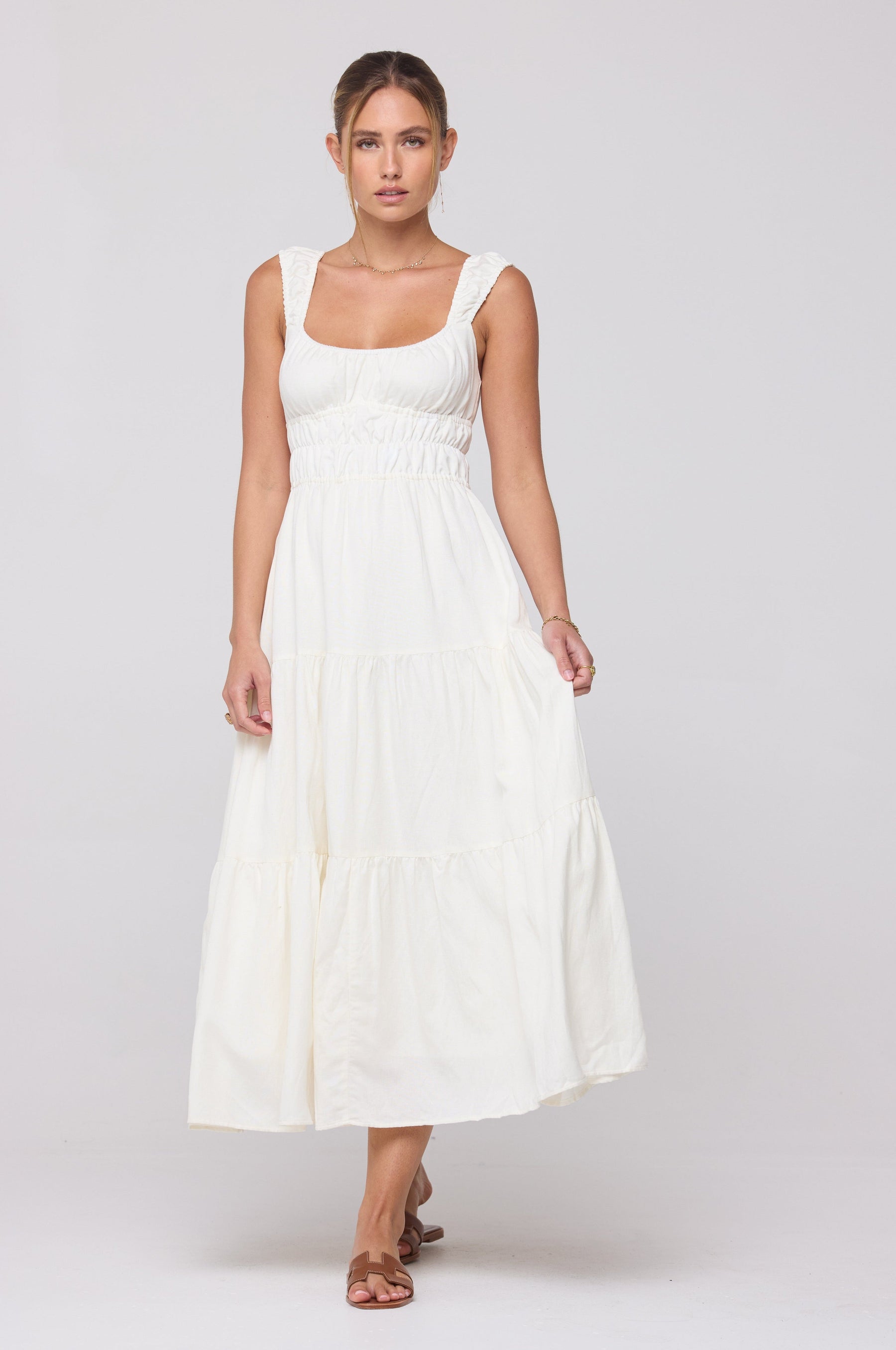 This is an image of Tori Dress in White Linen - RESA featuring a model wearing the dress