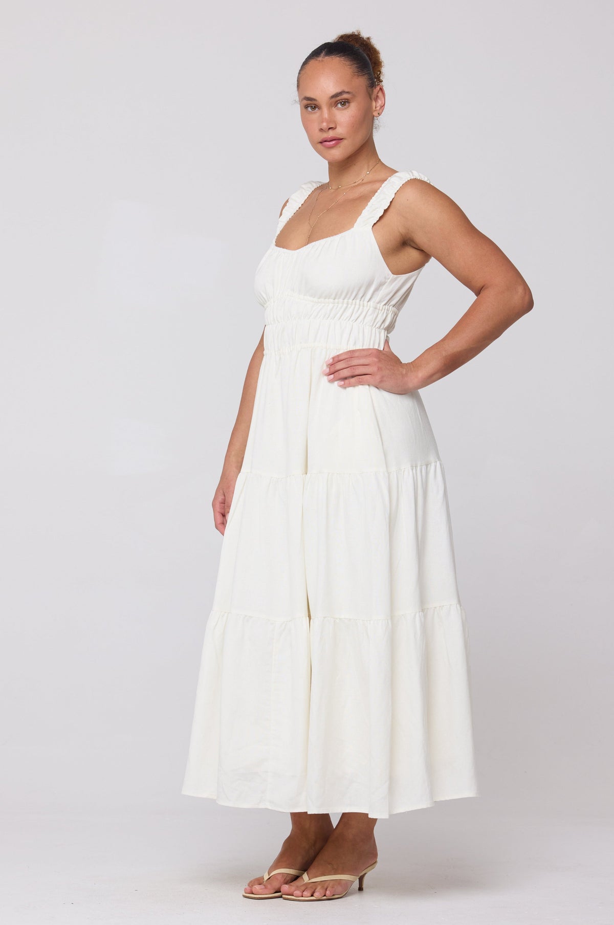 This is an image of Tori Dress in White Linen - RESA featuring a model wearing the dress